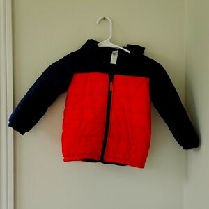 Orange and navy blue toddler winter coat